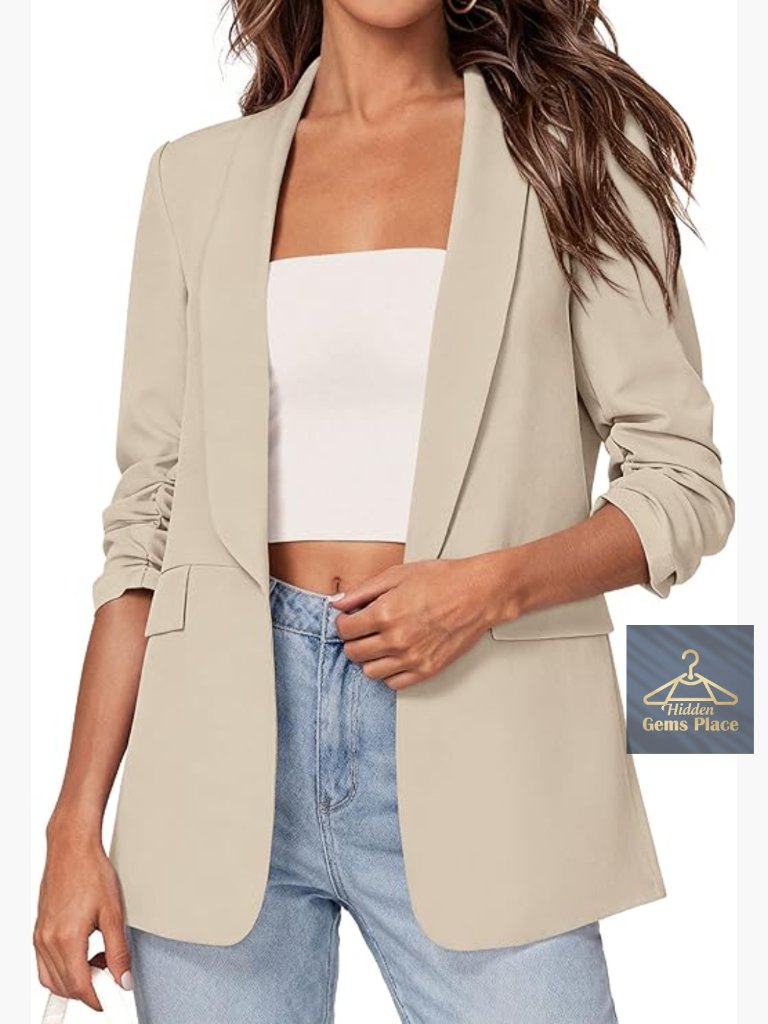 Women's Spring Blazers Business Casual Open Front Ruched 3/4 Sleeve Lightweight